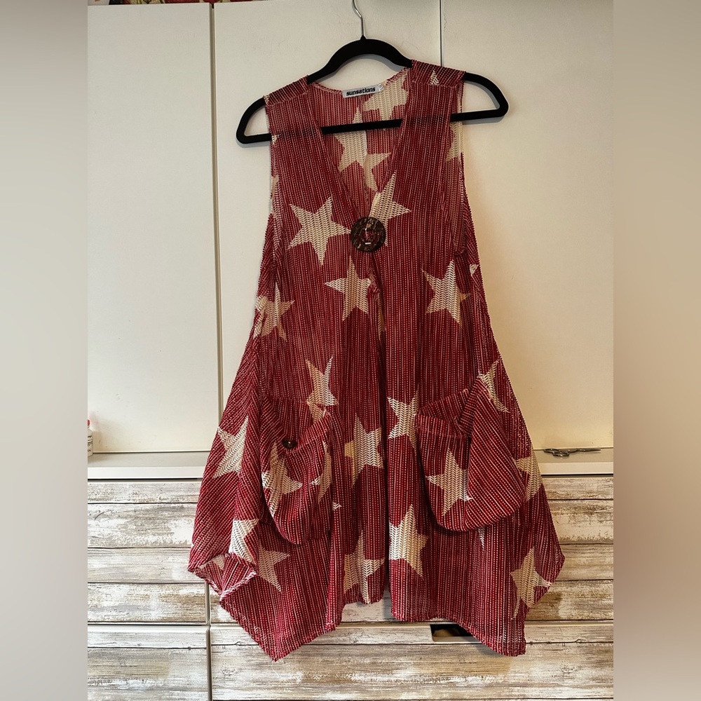 ⭐❤️ Sunsations Red Star Swim Cover Up Vest XL Patriotic 🇺🇸